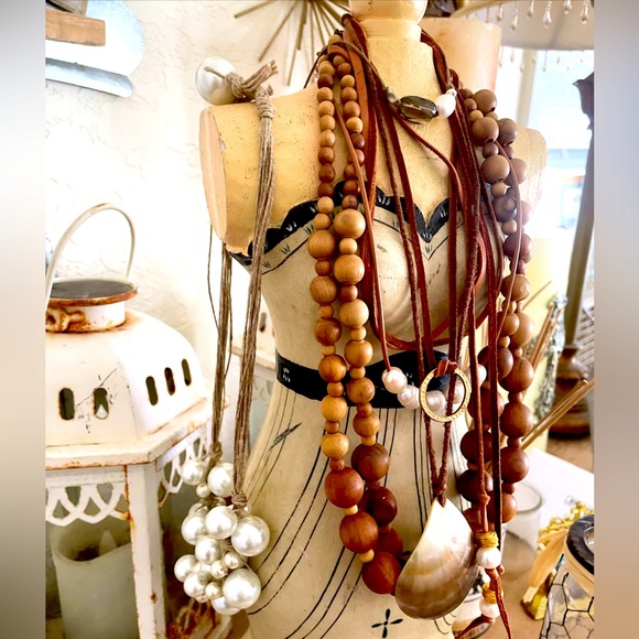 Gorgeous Nature Natural Wooden Bead Necklace Collection w Pearls, Abalone, Jute - Picture 12 of 12